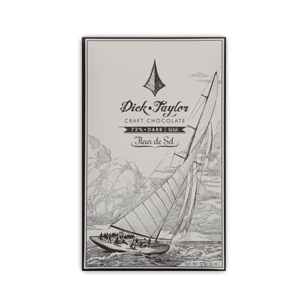 Dick Taylor Craft Chocolate 73% Dark with Fleur de Sel bar, cream box with a sailboat illustration, 57g