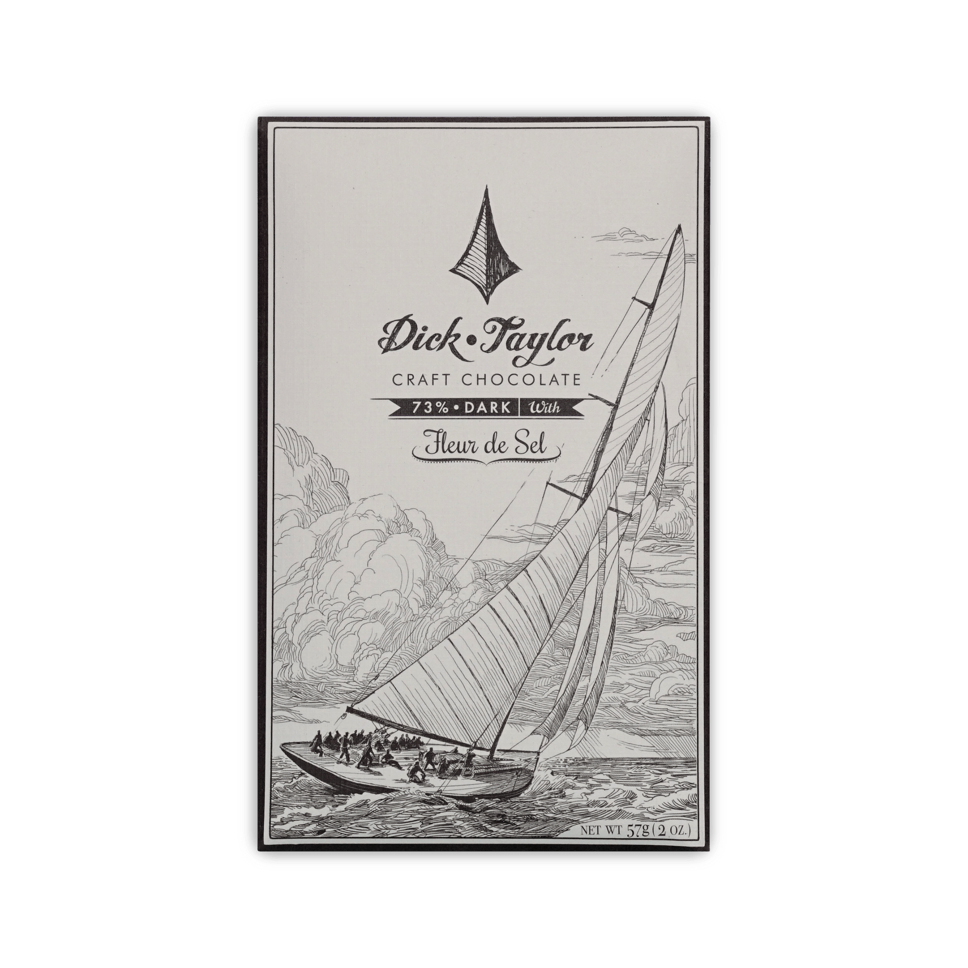 Dick Taylor Craft Chocolate 73% Dark with Fleur de Sel bar, cream box with a sailboat illustration, 57g