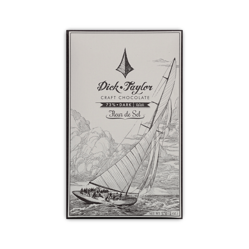 Dick Taylor Craft Chocolate 73% Dark with Fleur de Sel bar, cream box with a sailboat illustration, 57g