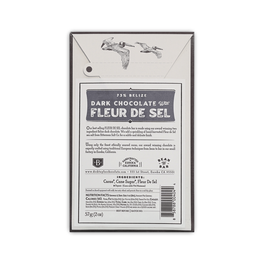 Back of Dick Taylor Fleur de Sel box, 73% Belize dark chocolate, flying pelicans, ingredients and nutrition panel