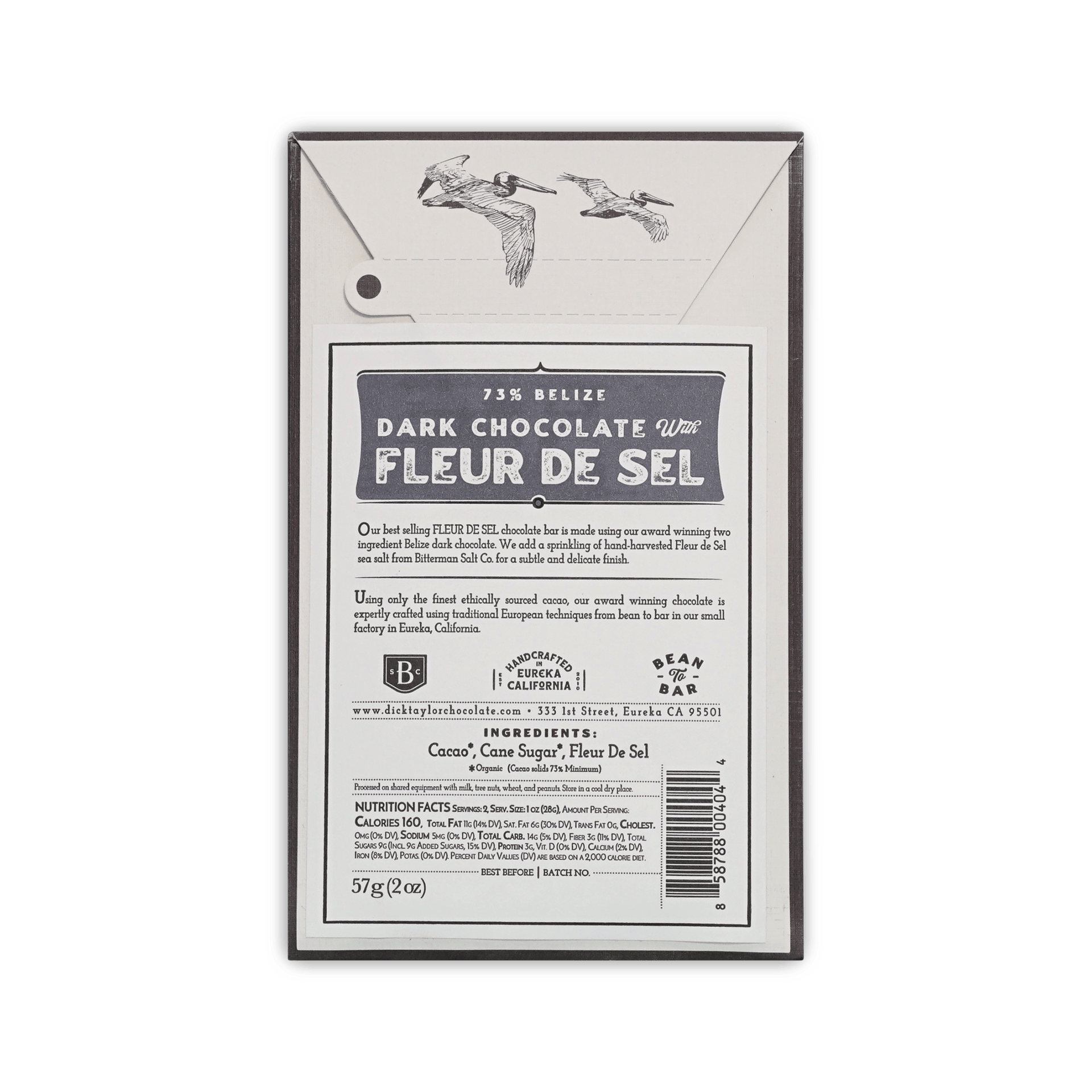 Back of Dick Taylor Fleur de Sel box, 73% Belize dark chocolate, flying pelicans, ingredients and nutrition panel