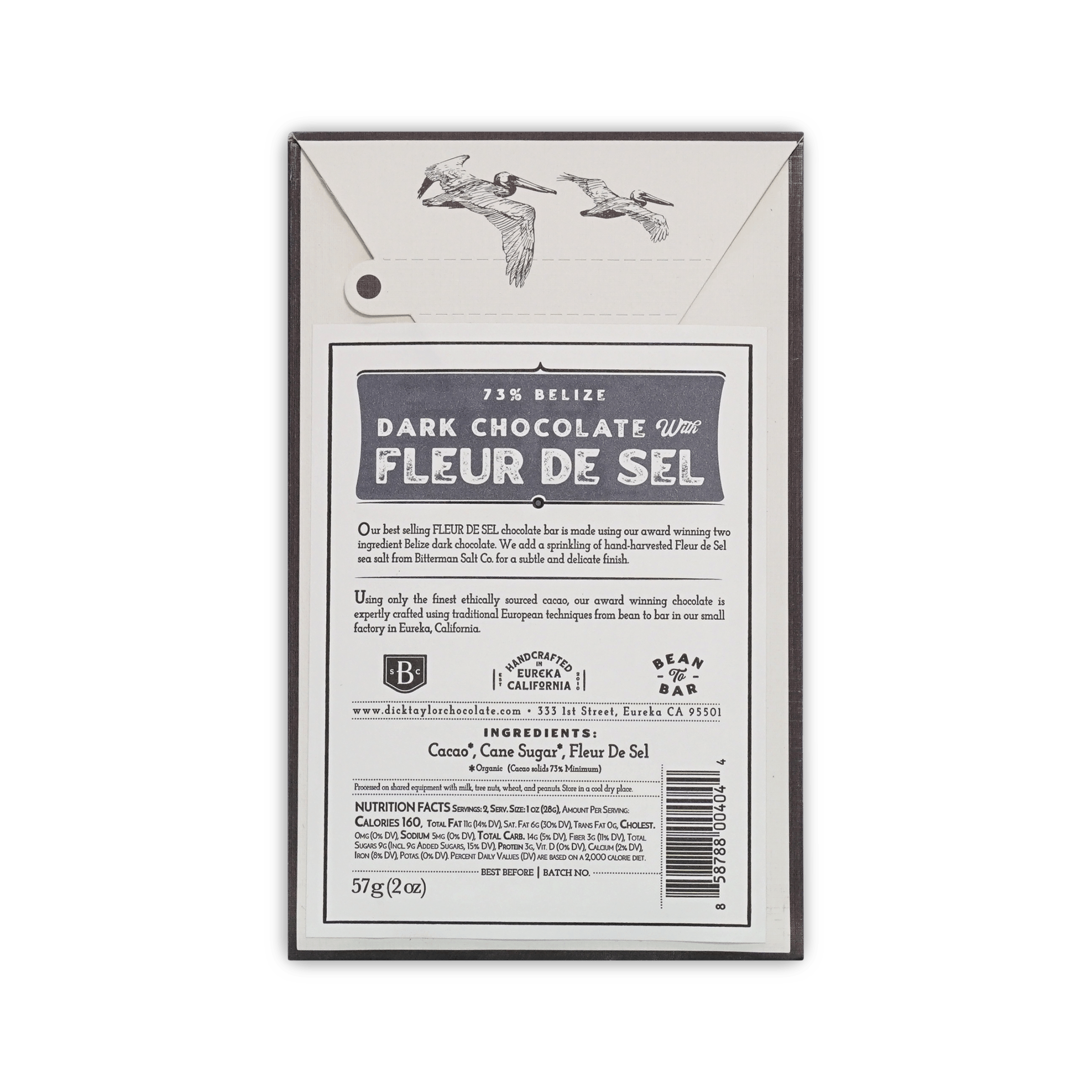Back of Dick Taylor Fleur de Sel box, 73% Belize dark chocolate, flying pelicans, ingredients and nutrition panel