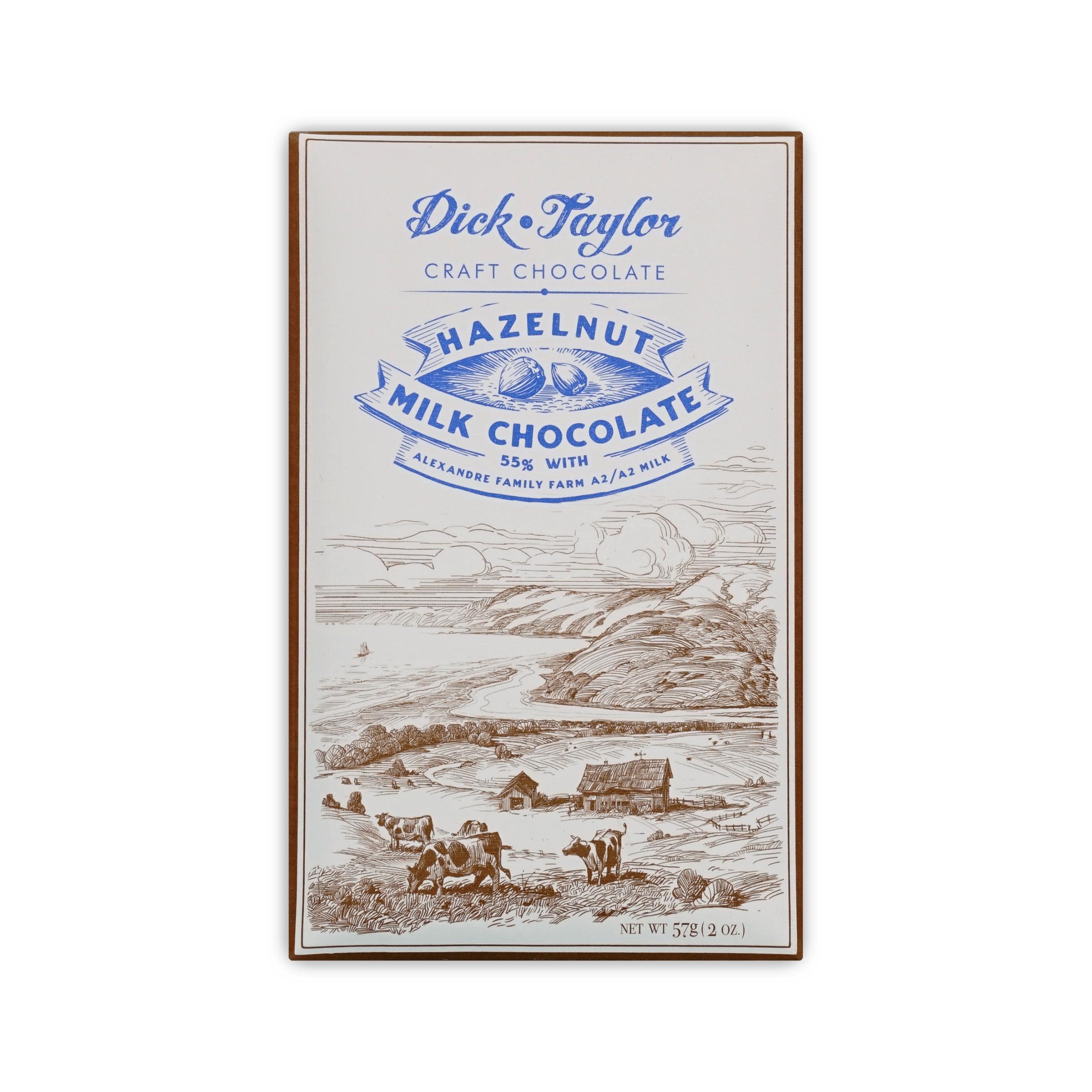 Dick Taylor Craft Chocolate Hazelnut Milk Chocolate 55% bar, cream box with a farm and cows illustration, 57g