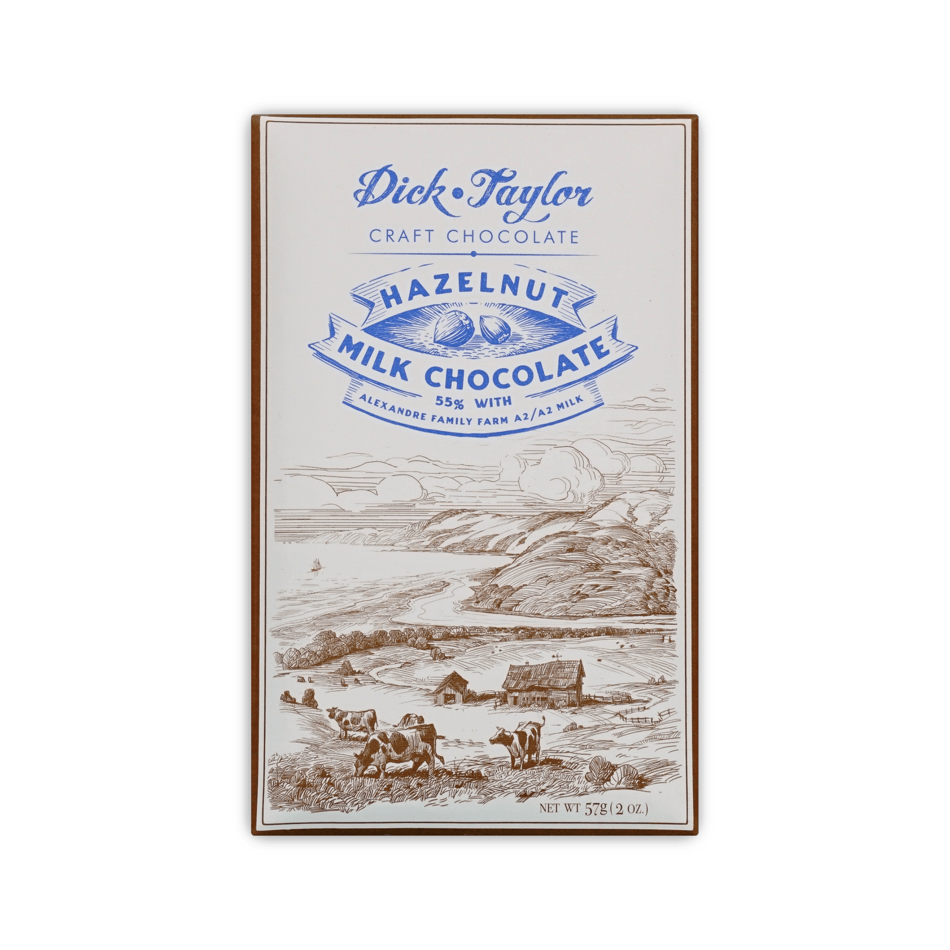 Dick Taylor Craft Chocolate Hazelnut Milk Chocolate 55% bar, cream box with a farm and cows illustration, 57g