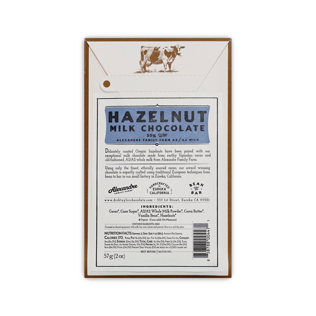 Back of Dick Taylor Hazelnut Milk Chocolate box, cow illustration, ingredients and nutrition panel