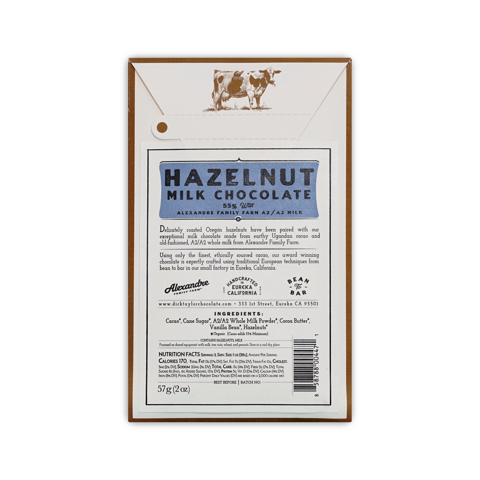Back of Dick Taylor Hazelnut Milk Chocolate box, cow illustration, ingredients and nutrition panel