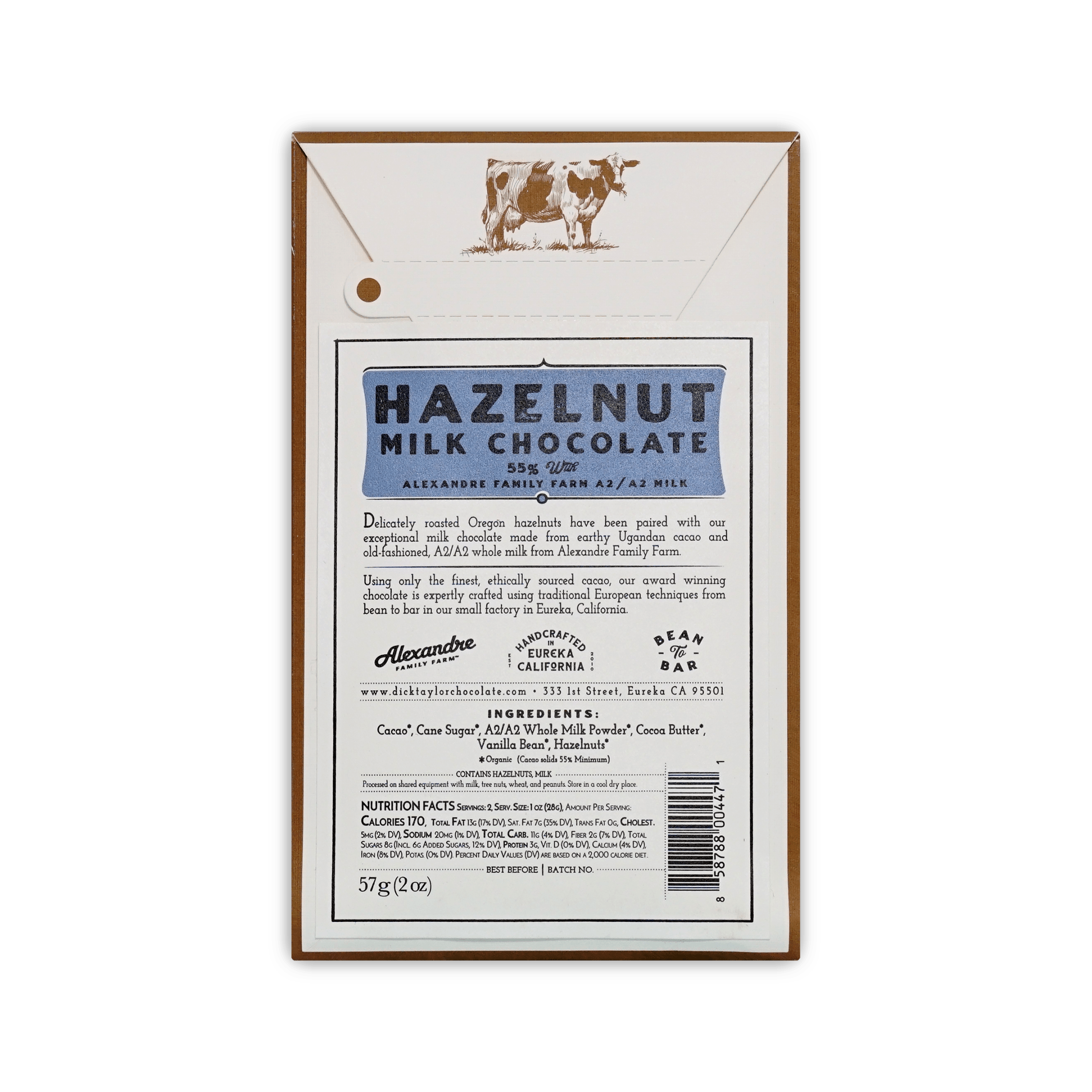 Back of Dick Taylor Hazelnut Milk Chocolate box, cow illustration, ingredients and nutrition panel