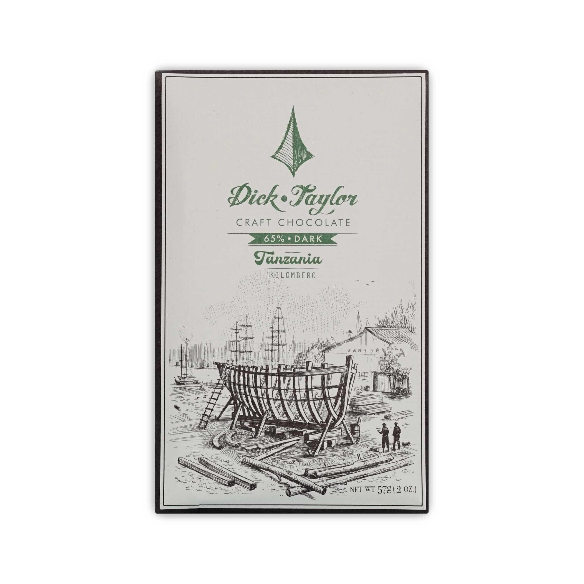 Dick Taylor Tanzania Kilombero 65% dark chocolate bar, cream box with pen-and-ink boatyard illustration