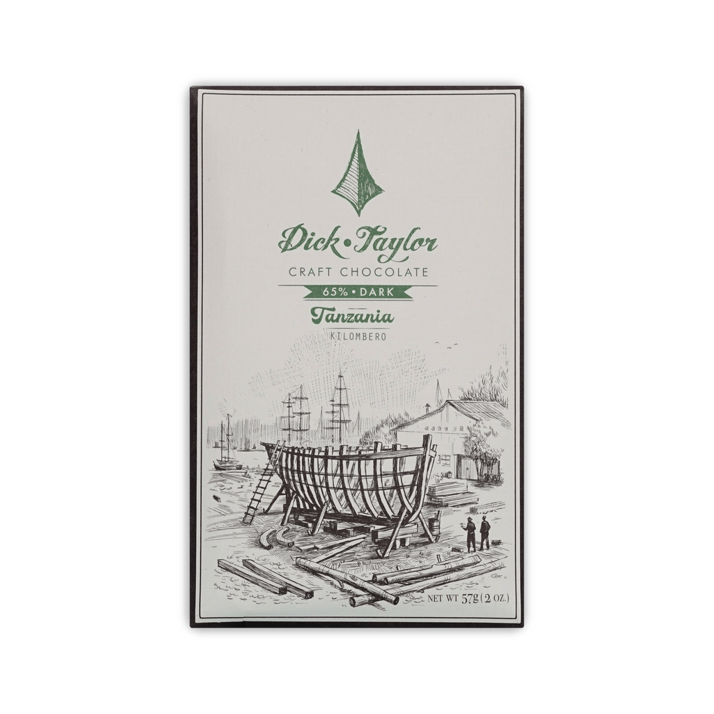 Dick Taylor Tanzania Kilombero 65% dark chocolate bar, cream box with pen-and-ink boatyard illustration