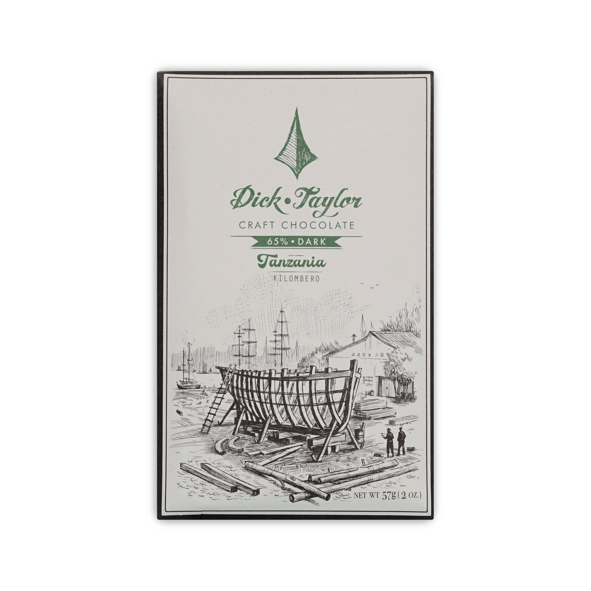 Dick Taylor Tanzania Kilombero 65% dark chocolate bar, cream box with pen-and-ink boatyard illustration
