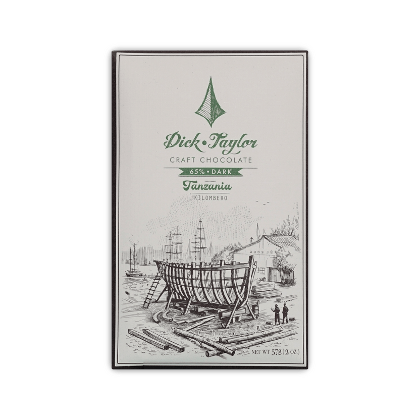 Dick Taylor Tanzania Kilombero 65% dark chocolate bar, cream box with pen-and-ink boatyard illustration