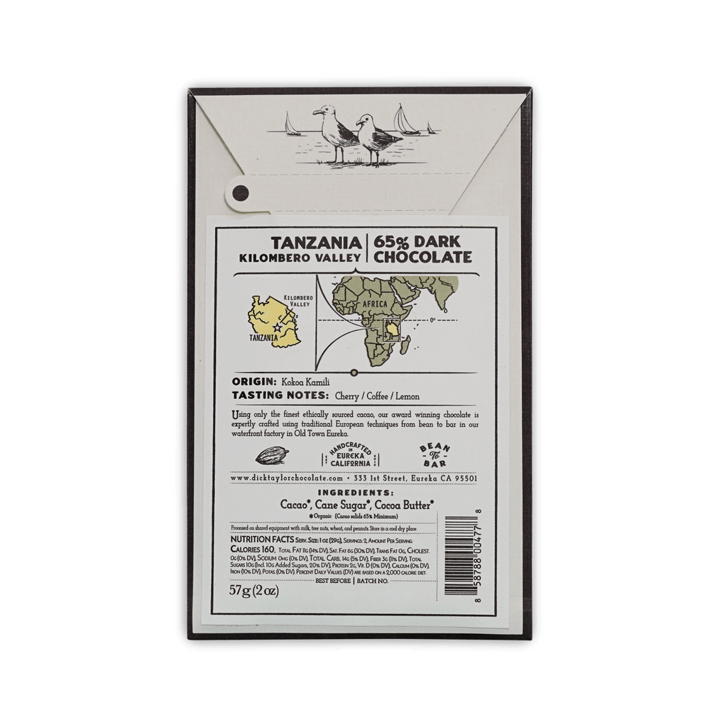 Back of Dick Taylor Tanzania box showing origin map, ingredients and nutrition facts