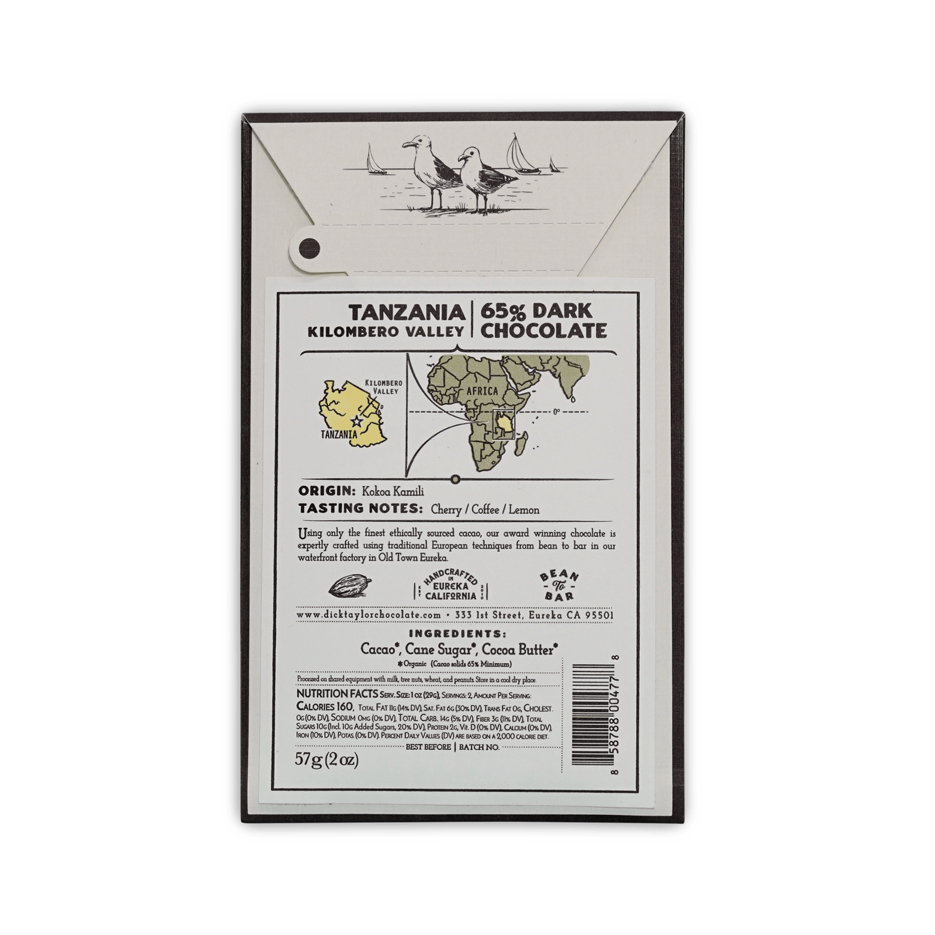 Back of Dick Taylor Tanzania box showing origin map, ingredients and nutrition facts