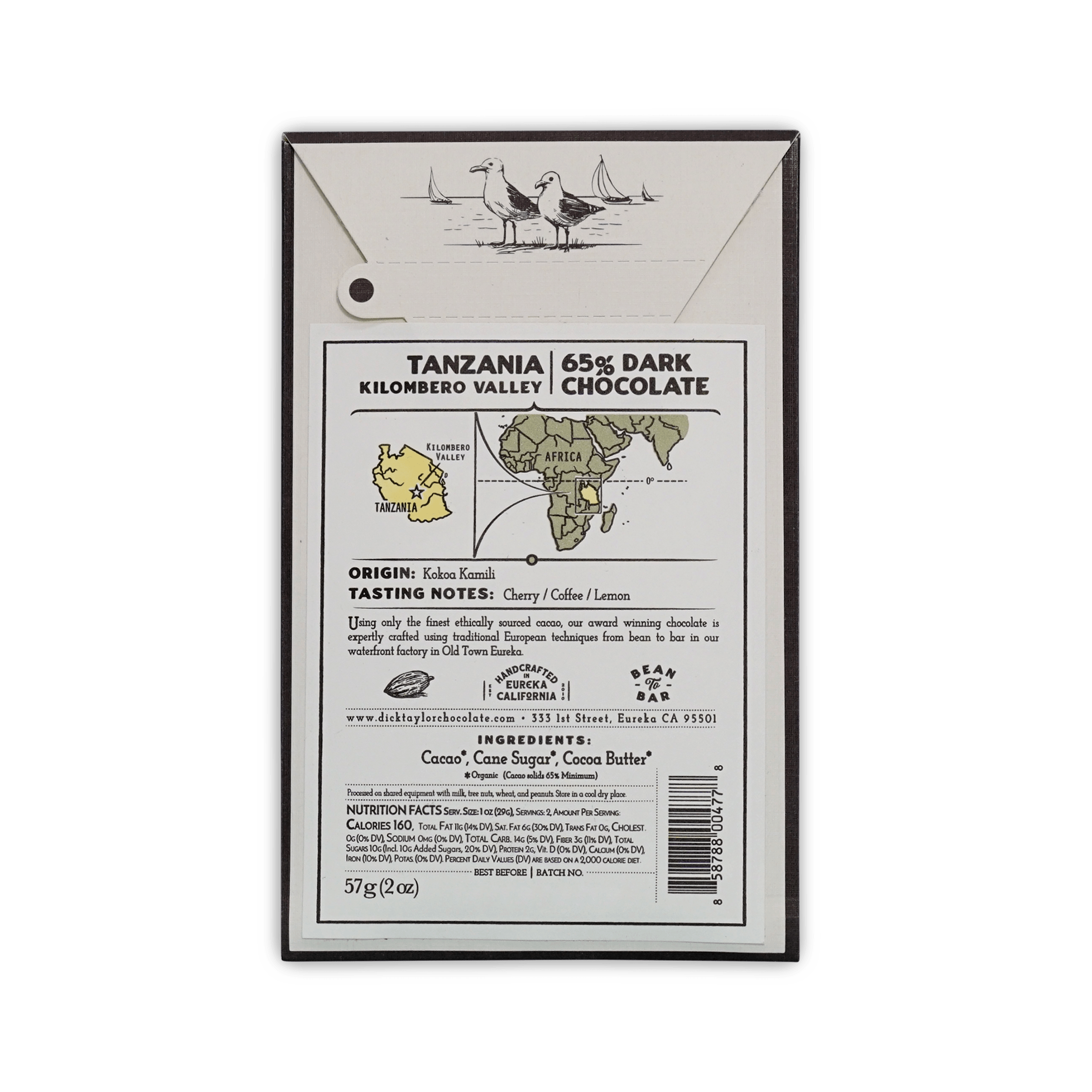 Back of Dick Taylor Tanzania box showing origin map, ingredients and nutrition facts