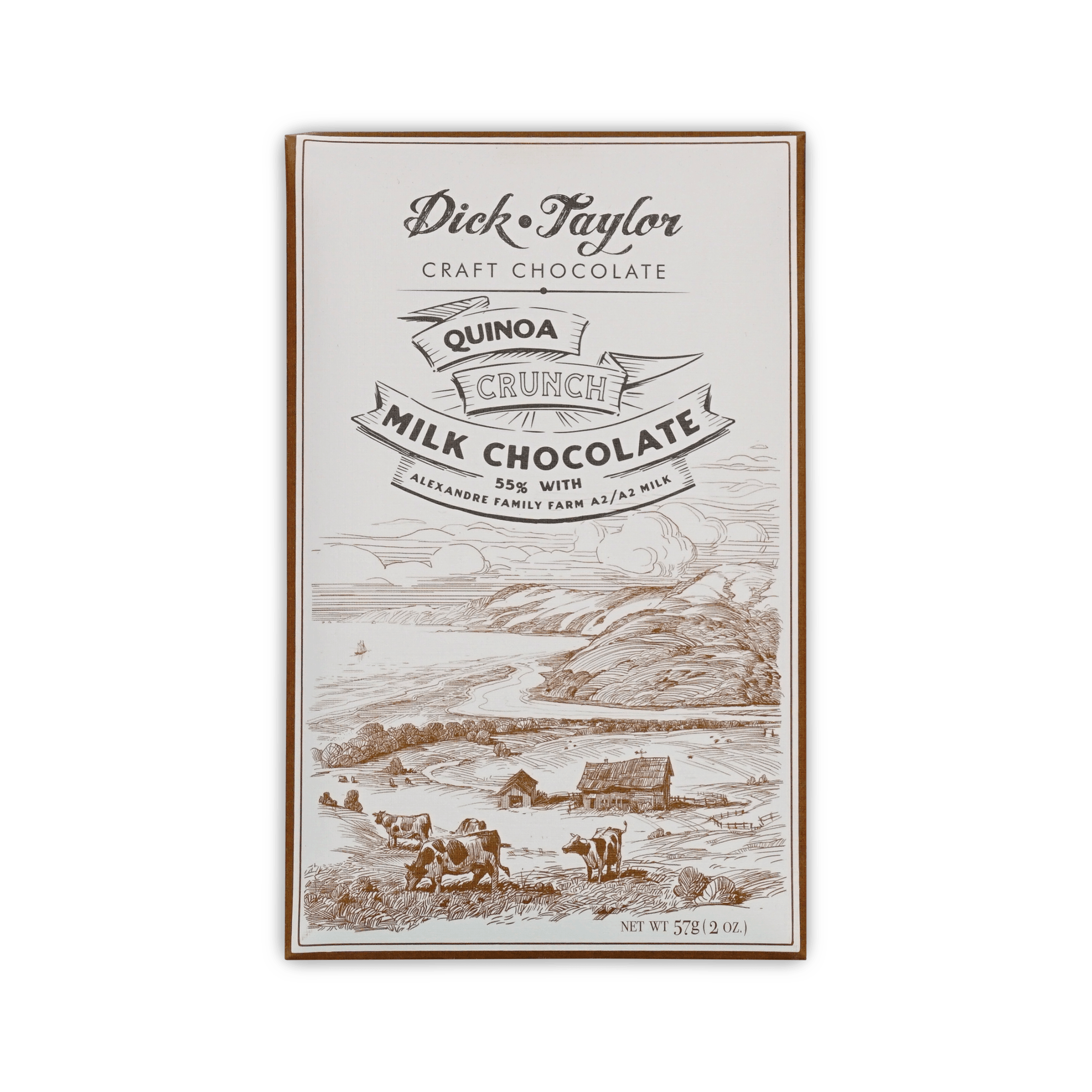 Dick Taylor bar, cream box with etched coastal farm and cows, reading Quinoa Crunch Milk Chocolate 55%.
