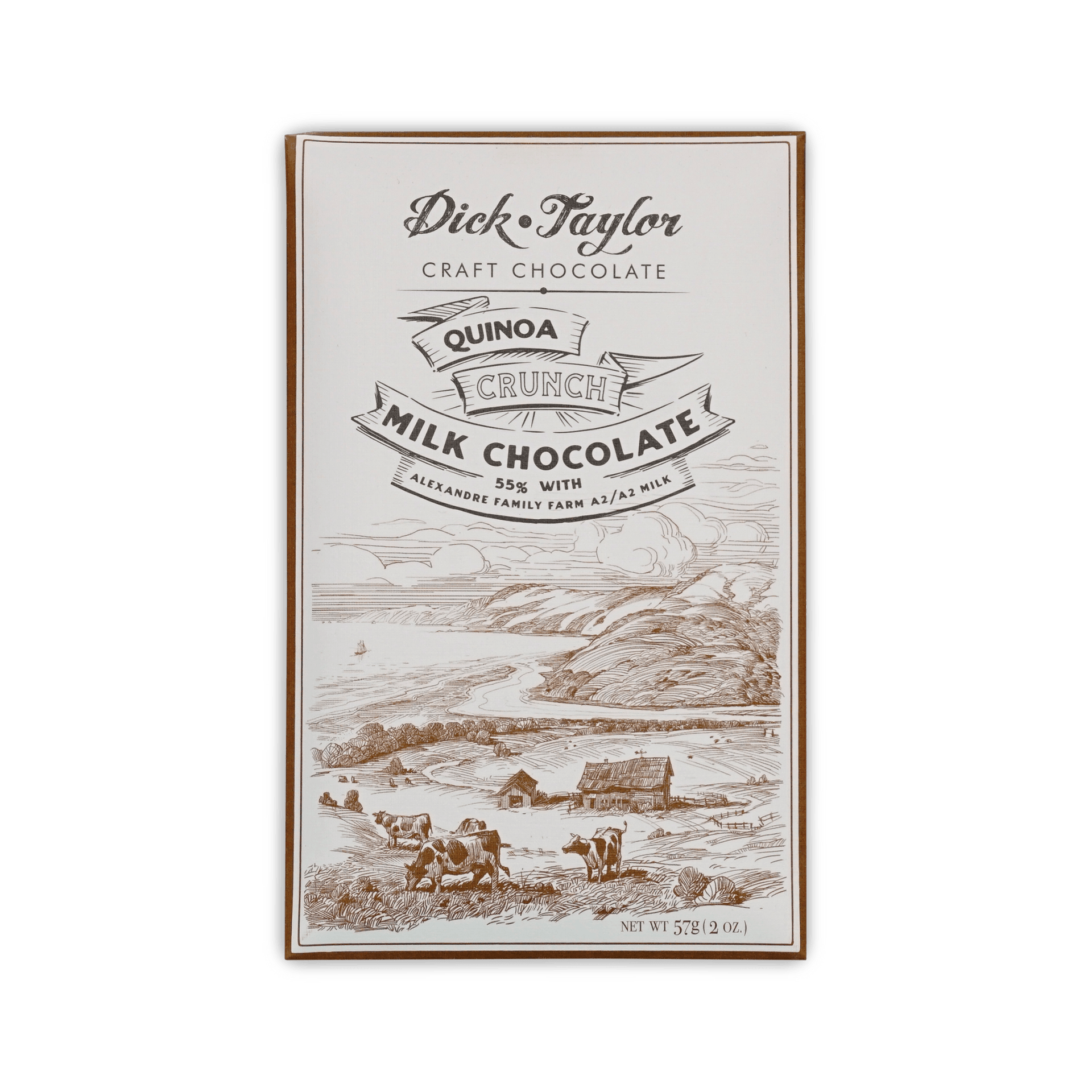 Dick Taylor bar, cream box with etched coastal farm and cows, reading Quinoa Crunch Milk Chocolate 55%.