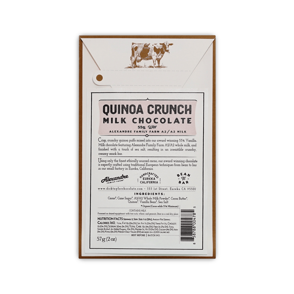 Back of Dick Taylor Quinoa Crunch box, cream with cow illustration, description, ingredients and barcode.