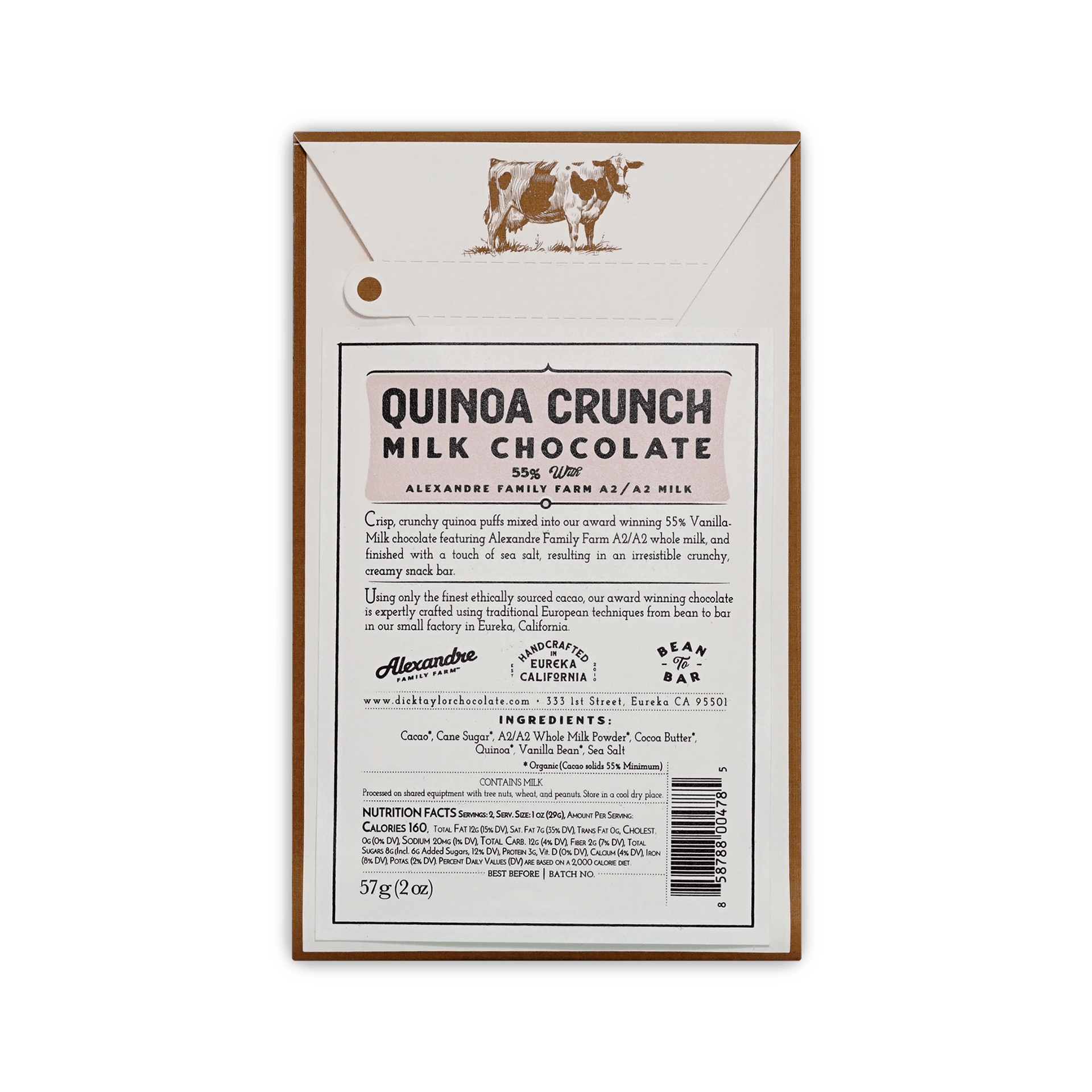 Back of Dick Taylor Quinoa Crunch box, cream with cow illustration, description, ingredients and barcode.