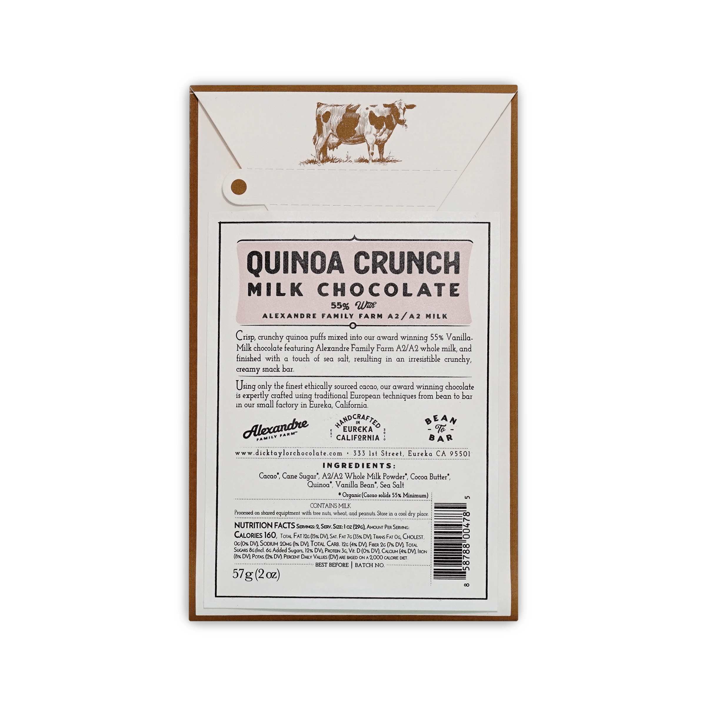 Back of Dick Taylor Quinoa Crunch box, cream with cow illustration, description, ingredients and barcode.