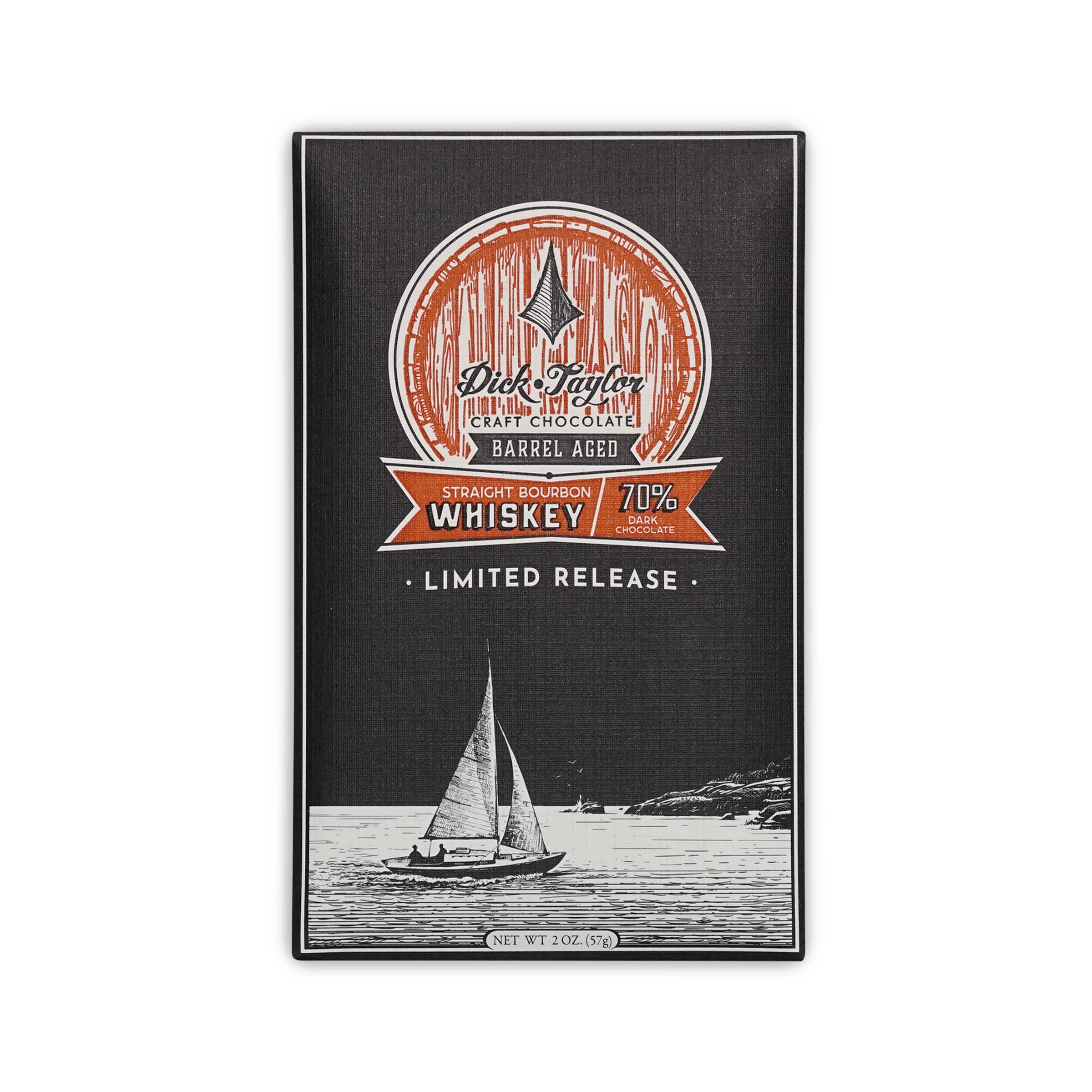 Dick Taylor Straight Bourbon Whiskey 70% dark chocolate bar, dark box with orange barrel and sailboat illustration, Limited Release