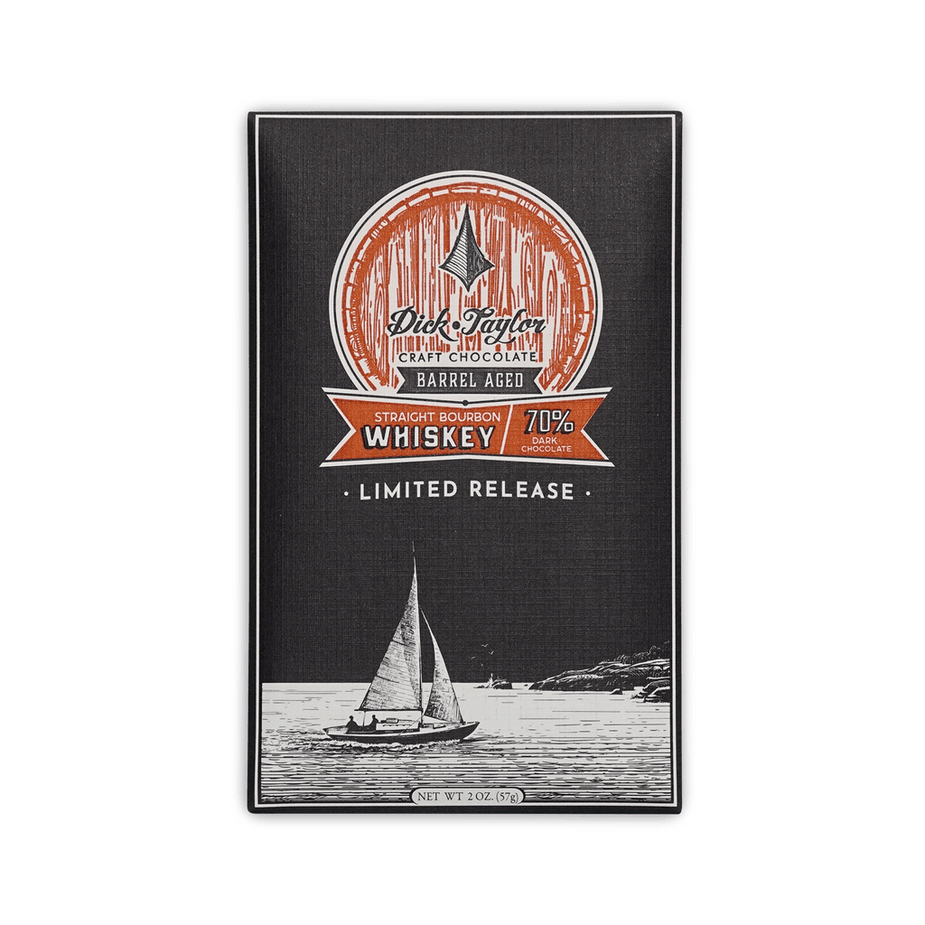 Dick Taylor Straight Bourbon Whiskey 70% dark chocolate bar, dark box with orange barrel and sailboat illustration, Limited Release