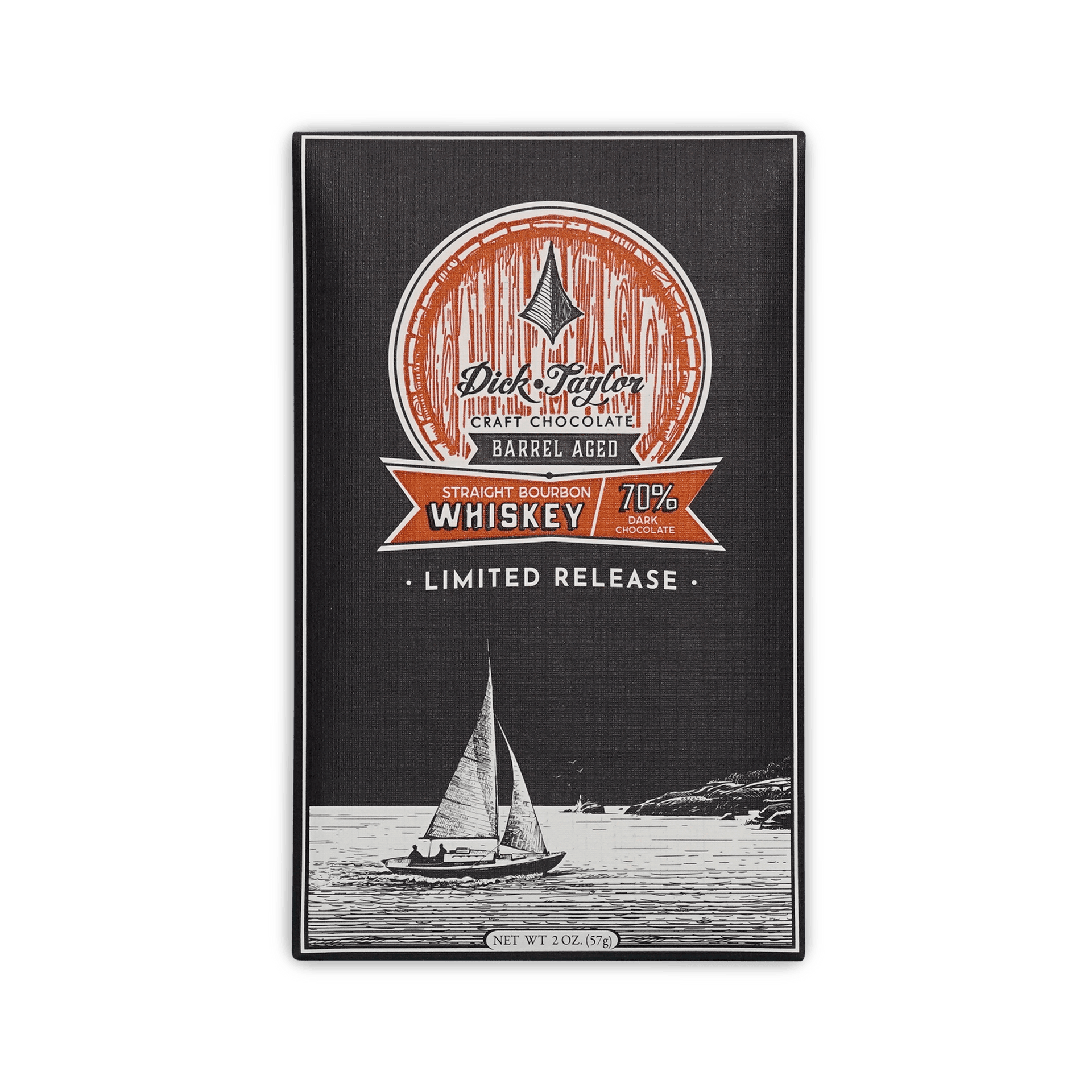 Dick Taylor Straight Bourbon Whiskey 70% dark chocolate bar, dark box with orange barrel and sailboat illustration, Limited Release