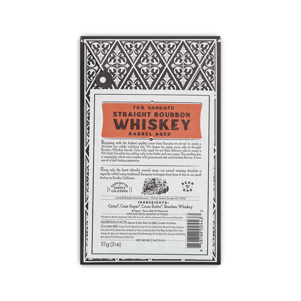 Back of Dick Taylor Straight Bourbon Whiskey box showing description, ingredients and nutrition facts
