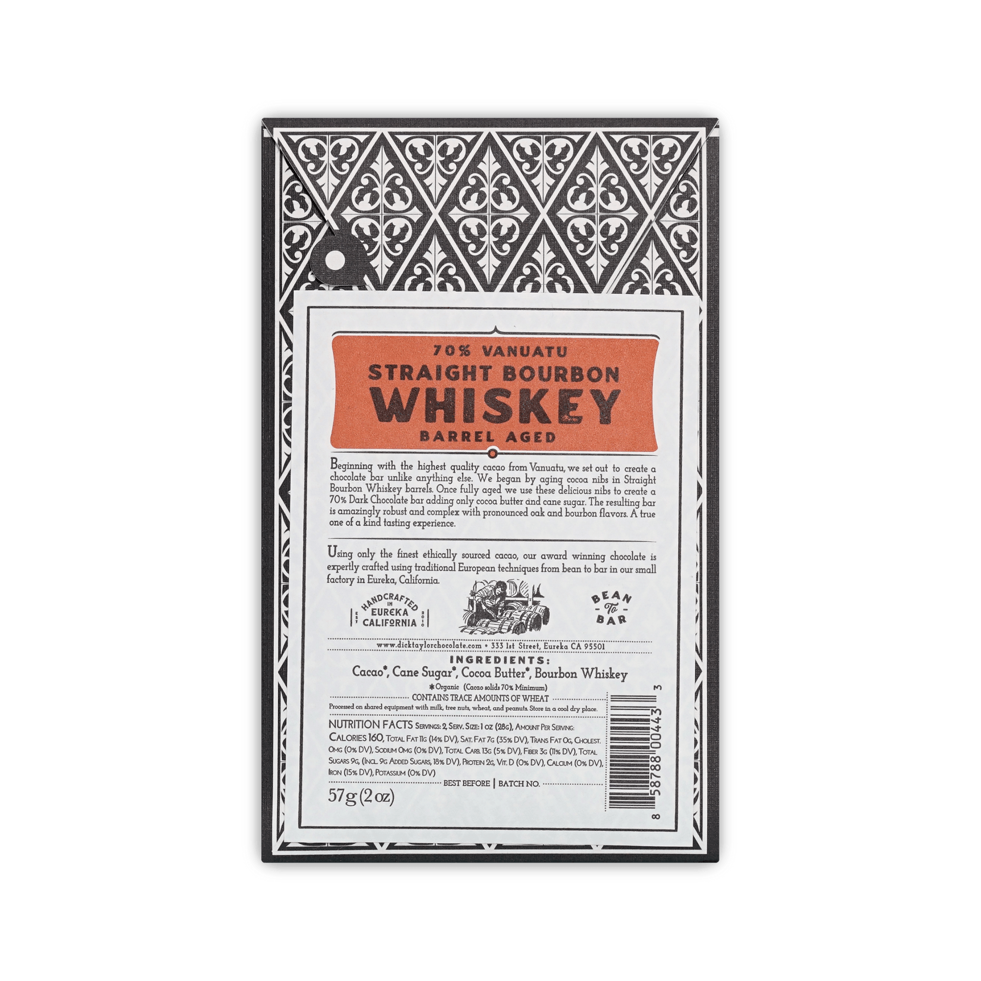 Back of Dick Taylor Straight Bourbon Whiskey box showing description, ingredients and nutrition facts