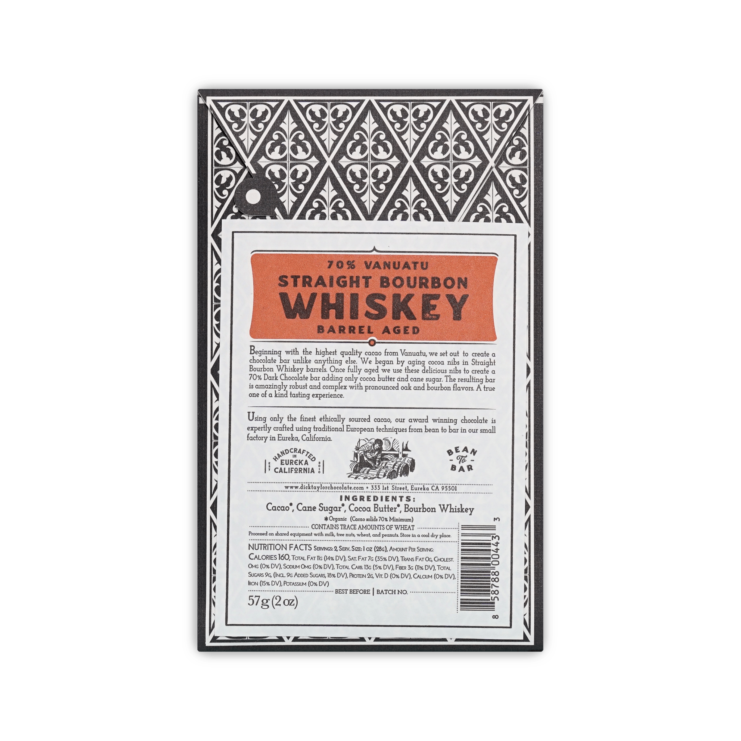 Back of Dick Taylor Straight Bourbon Whiskey box showing description, ingredients and nutrition facts