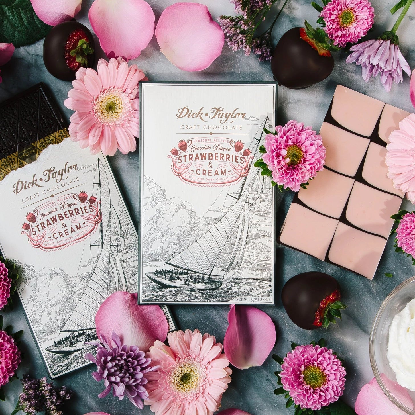 Dick Taylor strawberries and cream craft chocolate bar with sailing ship