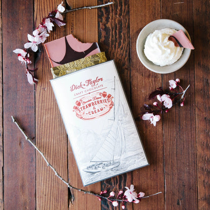 Dick Taylor Chocolate Dipped Strawberries & Cream bar in box with sailboat