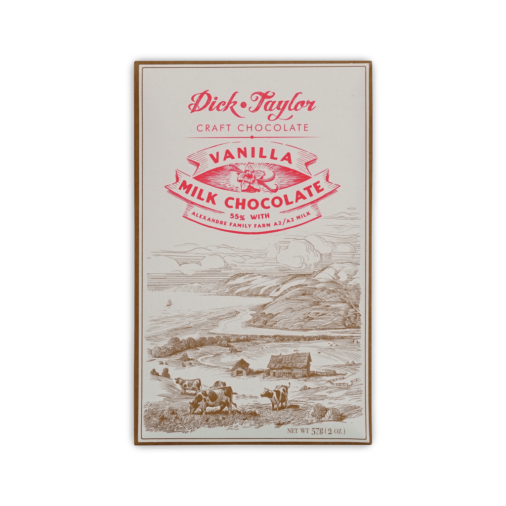 Dick Taylor Vanilla Milk Chocolate bar, cream box with red lettering and a brown line drawing of cows in a coastal field, 55%, 57 g.