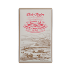 Dick Taylor Vanilla Milk Chocolate bar, cream box with red lettering and a brown line drawing of cows in a coastal field, 55%, 57 g.