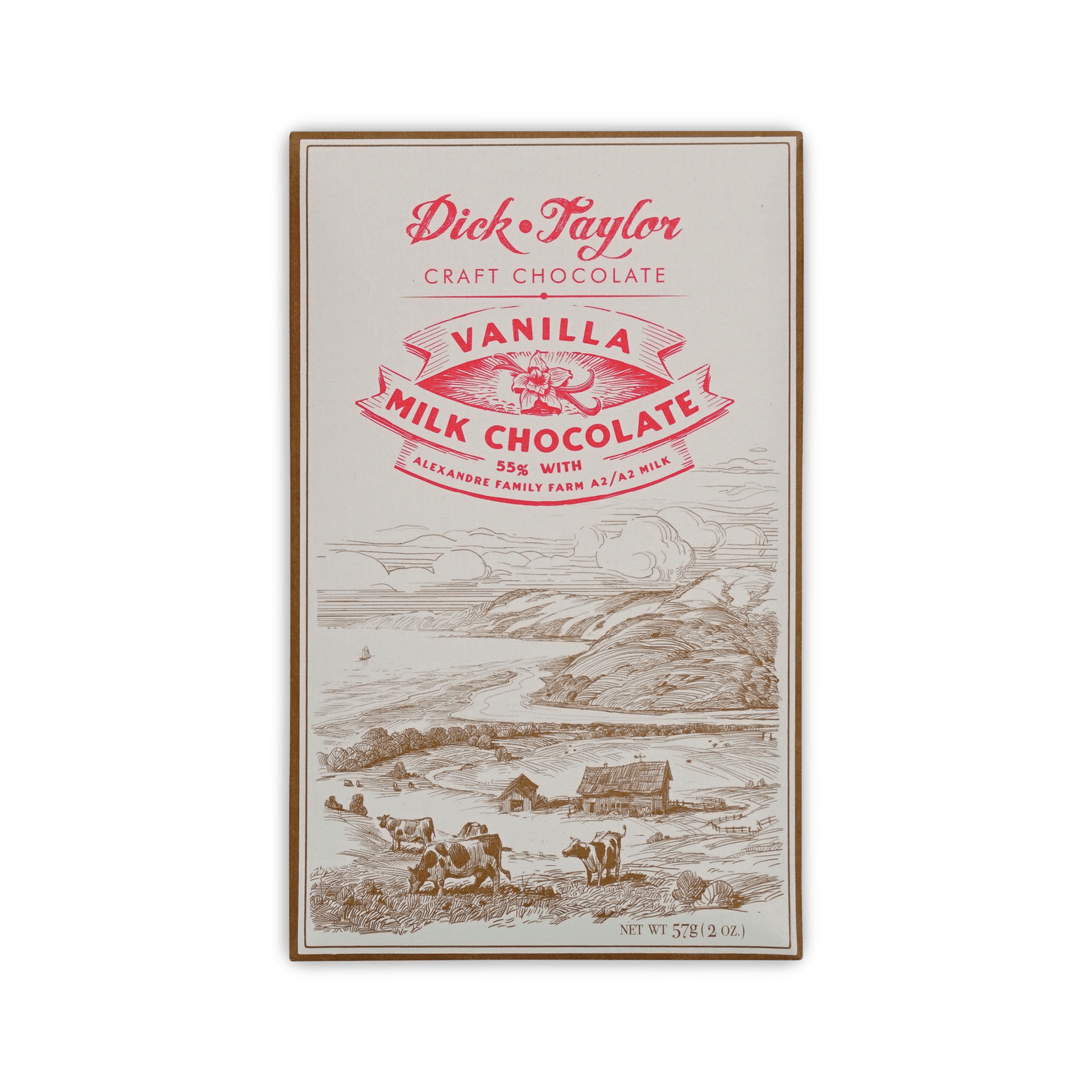 Dick Taylor Vanilla Milk Chocolate bar, cream box with red lettering and a brown line drawing of cows in a coastal field, 55%, 57 g.