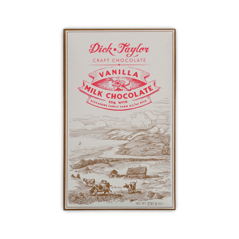 Dick Taylor Vanilla Milk Chocolate bar, cream box with red lettering and a brown line drawing of cows in a coastal field, 55%, 57 g.