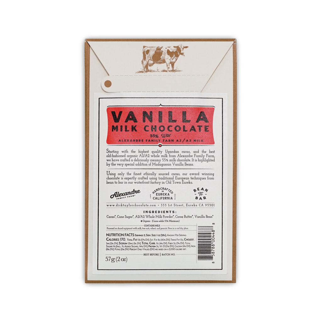 Back of the Dick Taylor Vanilla Milk Chocolate box with a cow illustration, red title banner, description, ingredients, and a barcode.