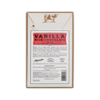 Back of the Dick Taylor Vanilla Milk Chocolate box with a cow illustration, red title banner, description, ingredients, and a barcode.
