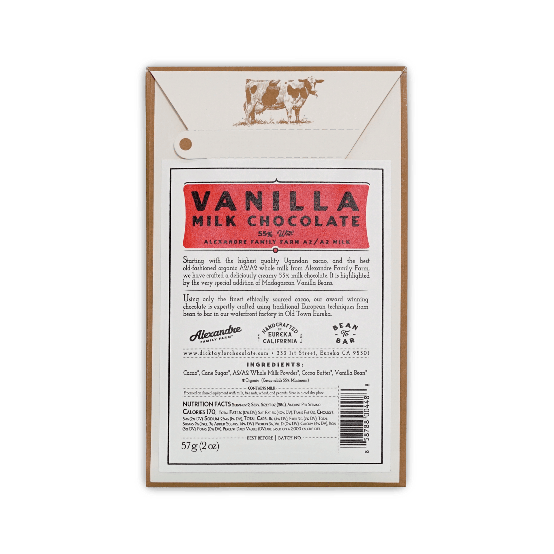 Back of the Dick Taylor Vanilla Milk Chocolate box with a cow illustration, red title banner, description, ingredients, and a barcode.