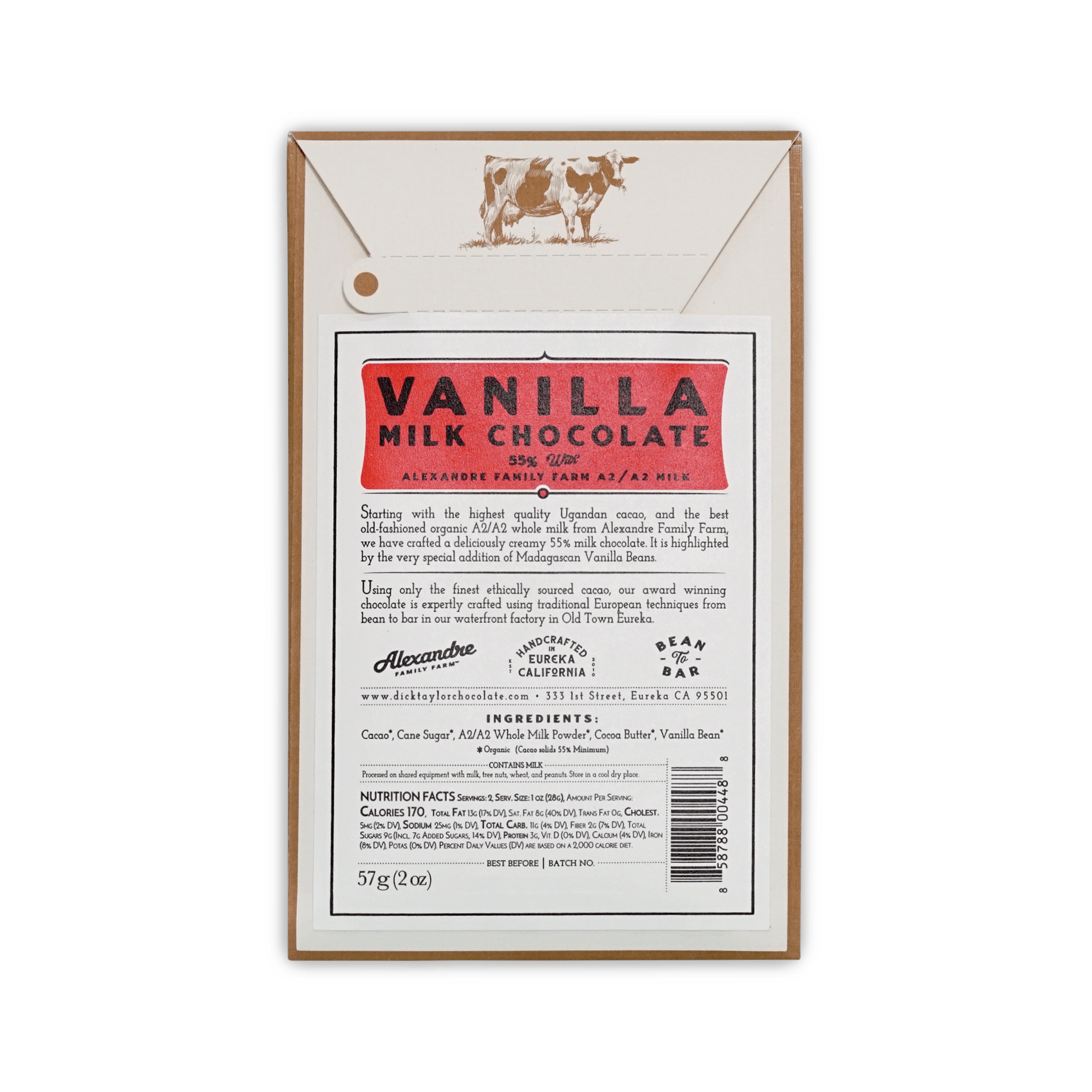 Back of the Dick Taylor Vanilla Milk Chocolate box with a cow illustration, red title banner, description, ingredients, and a barcode.