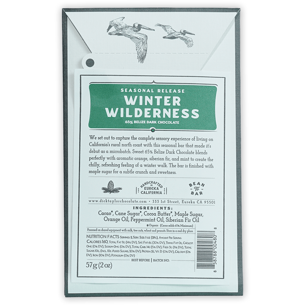 Dick Taylor Winter Wilderness 65% white chocolate bar wrapper with green label and pelicans