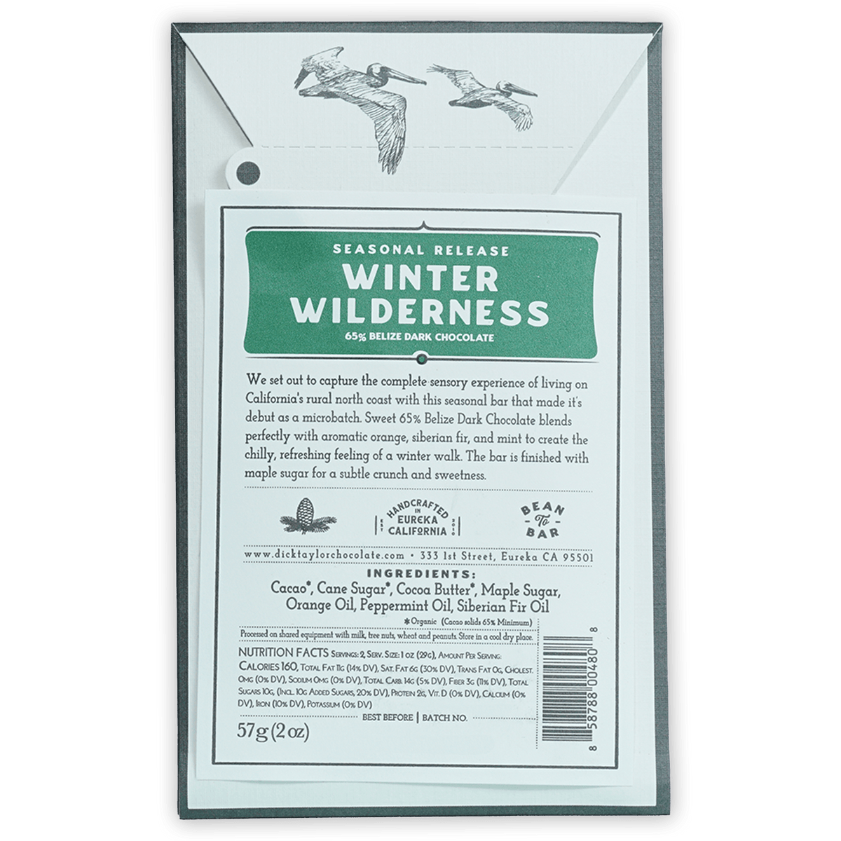 Dick Taylor Winter Wilderness 65% white chocolate bar wrapper with green label and pelicans