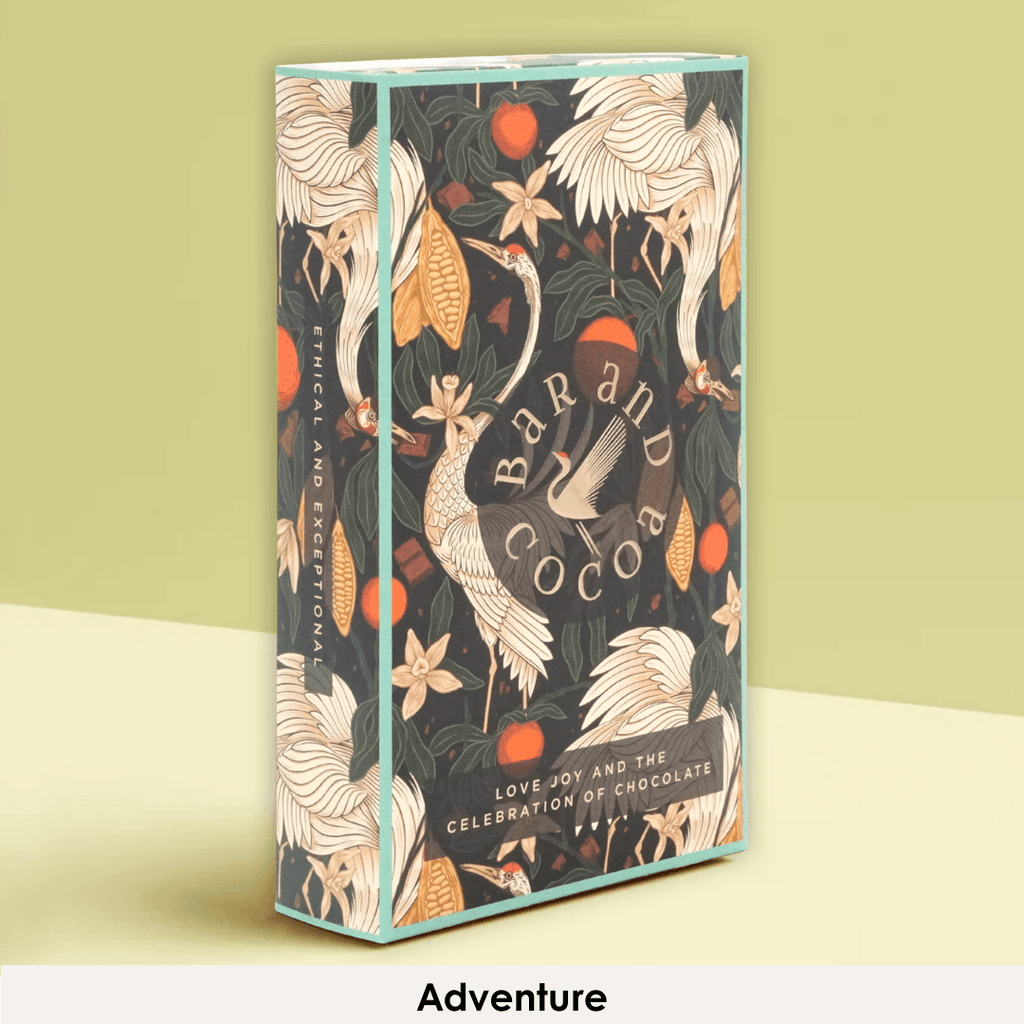 Discover Chocolate Club box with cranes, orange fruits, floral design