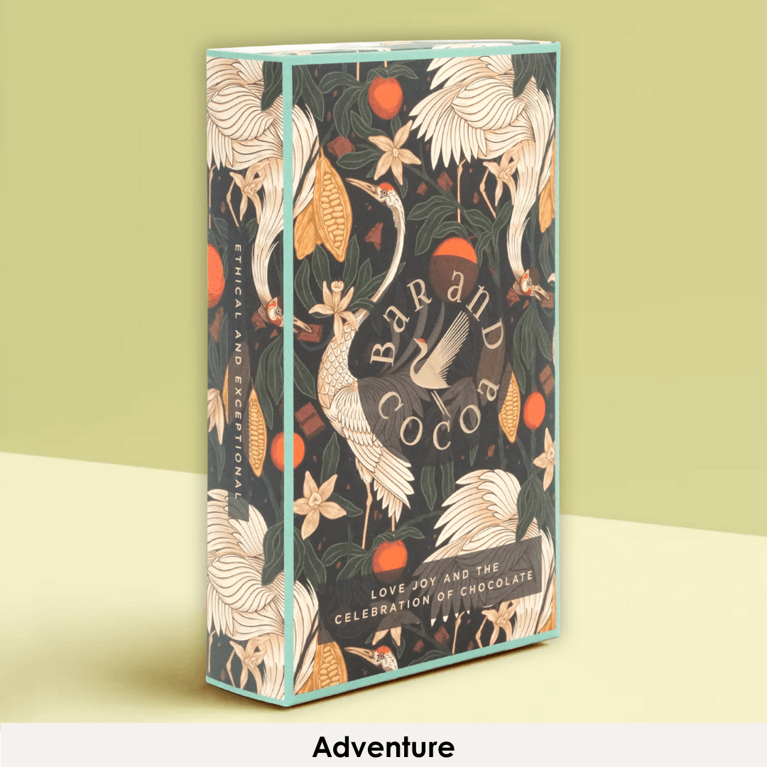 Discover Chocolate Club box with cranes, orange fruits, floral design