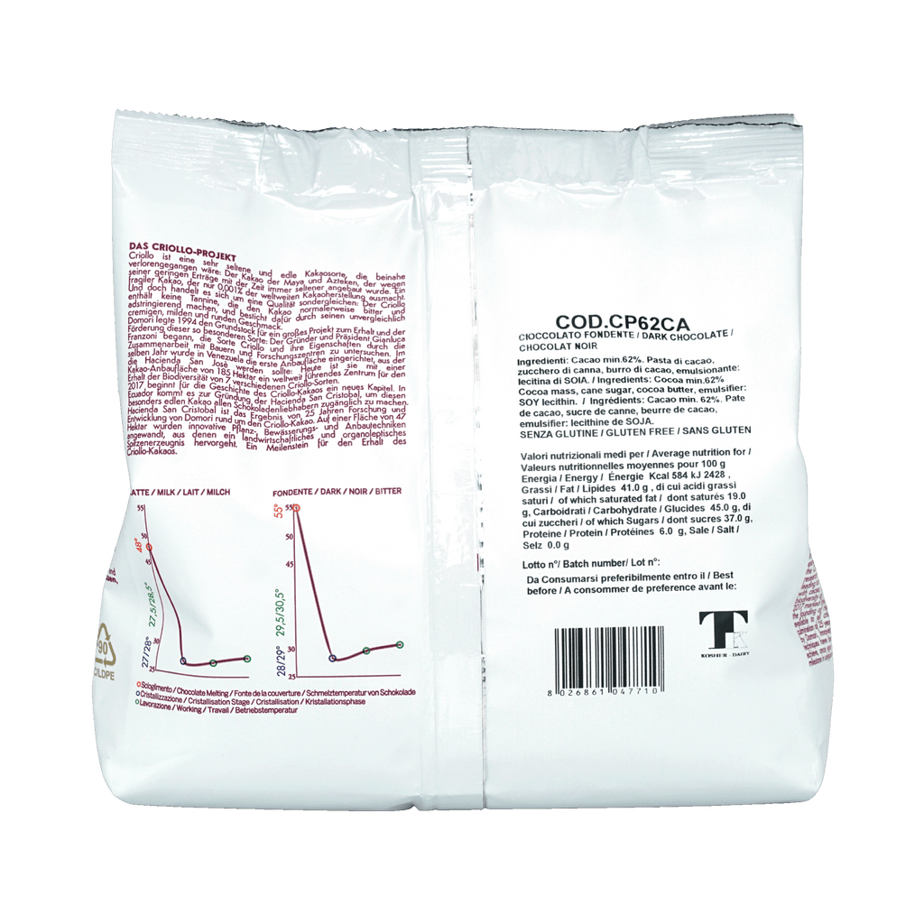 Back of Domori Bulk Dark Canoabo Chocolate Drops 62% 1kg white paper packaging with black text and nutritional info