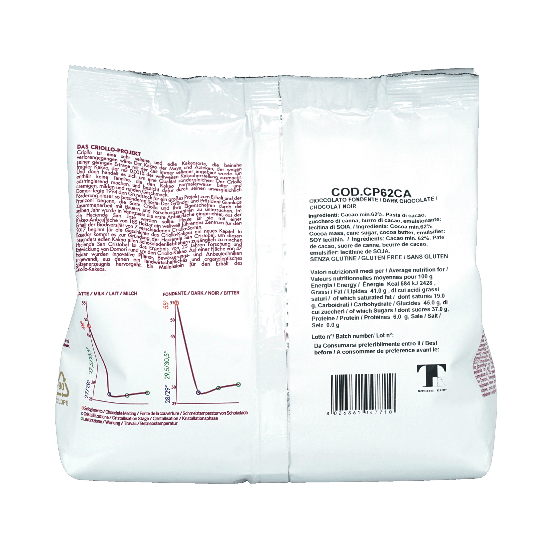 Back of Domori Bulk Dark Canoabo Chocolate Drops 62% 1kg white paper packaging with black text and nutritional info