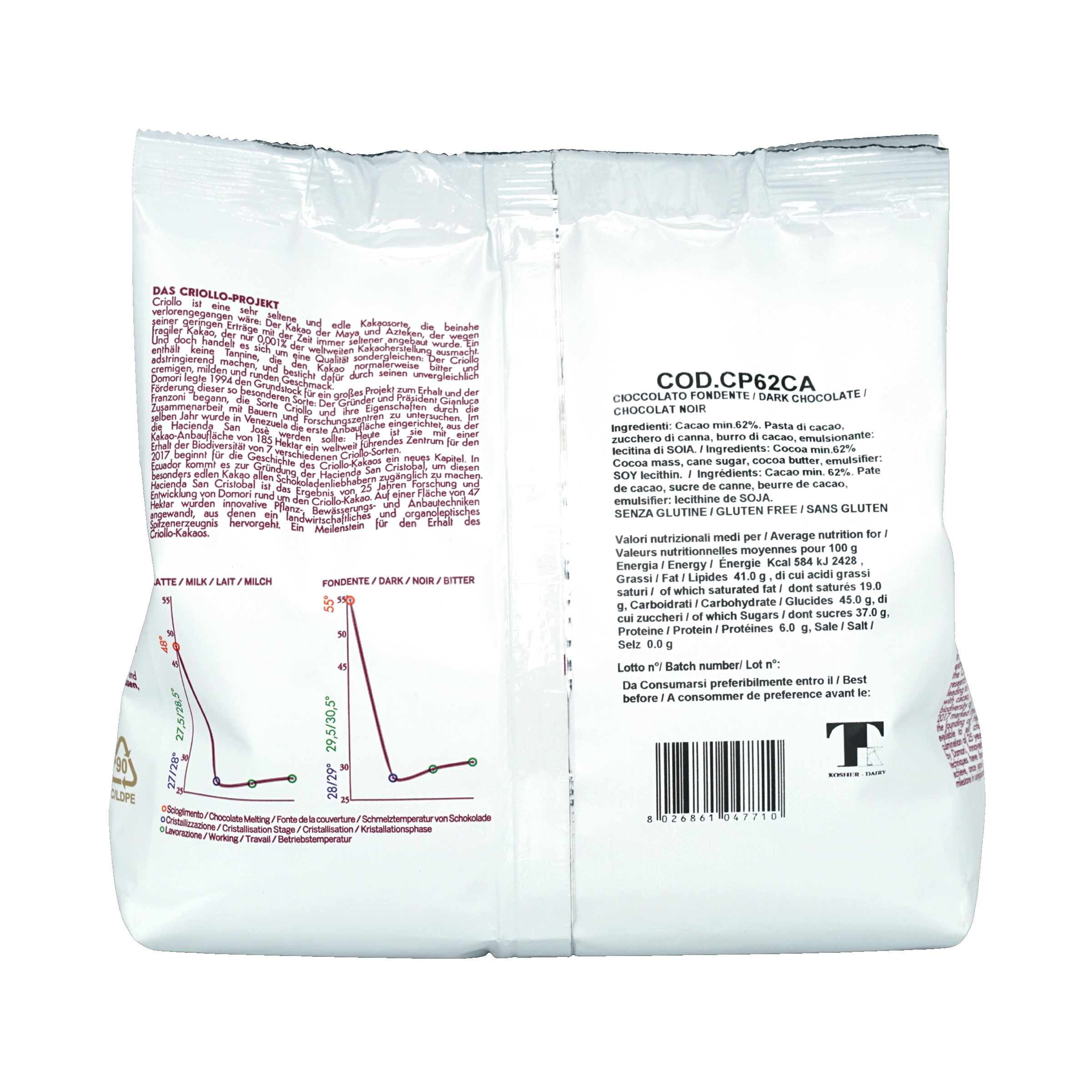 Back of Domori Bulk Dark Canoabo Chocolate Drops 62% 1kg white paper packaging with black text and nutritional info