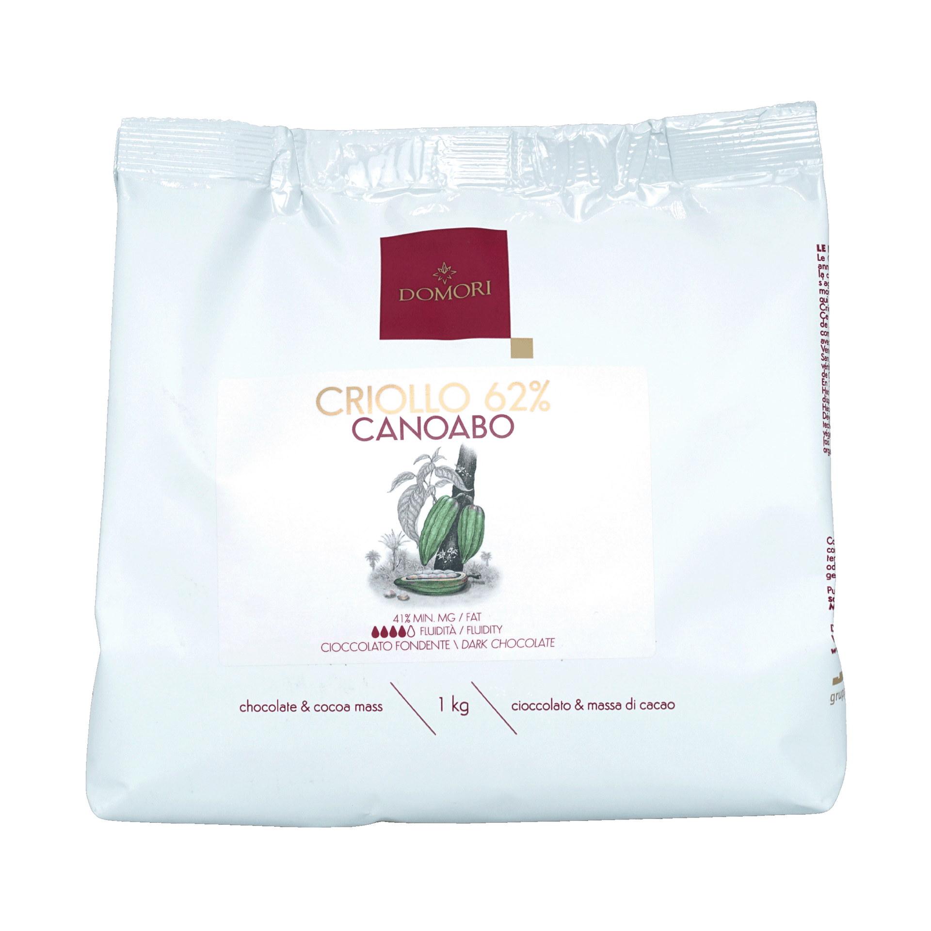 Domori Criollo 62% cacao dark chocolate drops 1kg bulk Canoabo pack