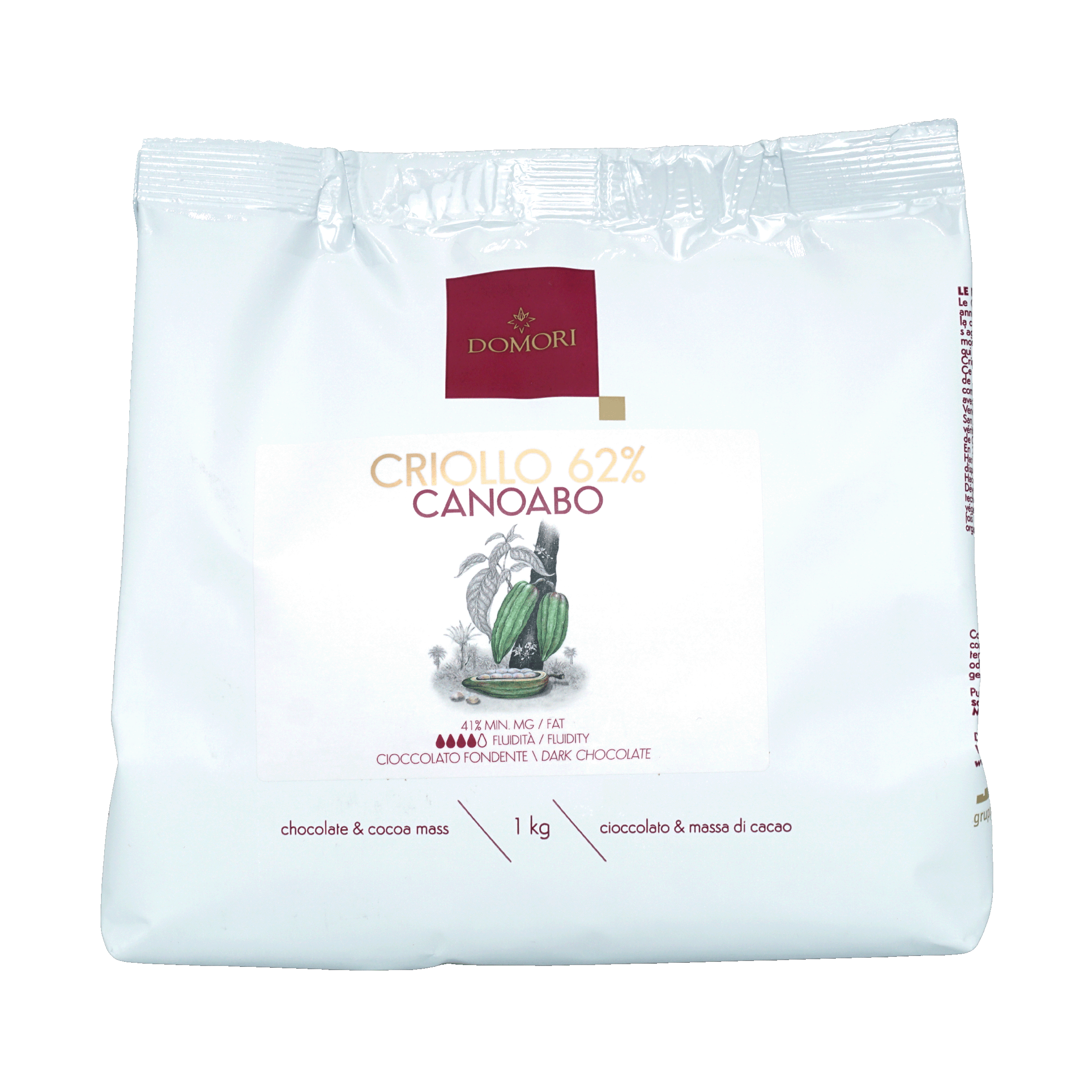 Domori Criollo 62% cacao dark chocolate drops 1kg bulk Canoabo pack