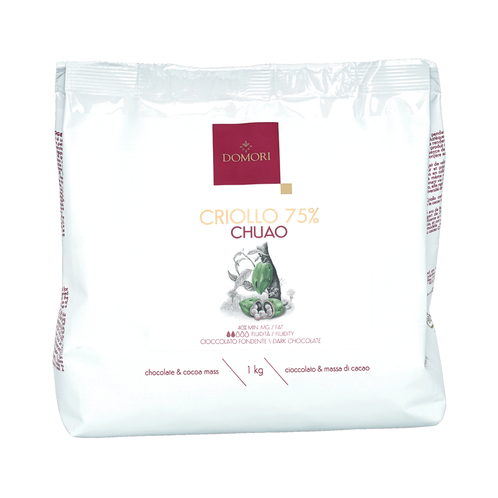 Domori Criollo 75% Chuao dark chocolate mass bag with cocoa pods, 1kg bulk drops
