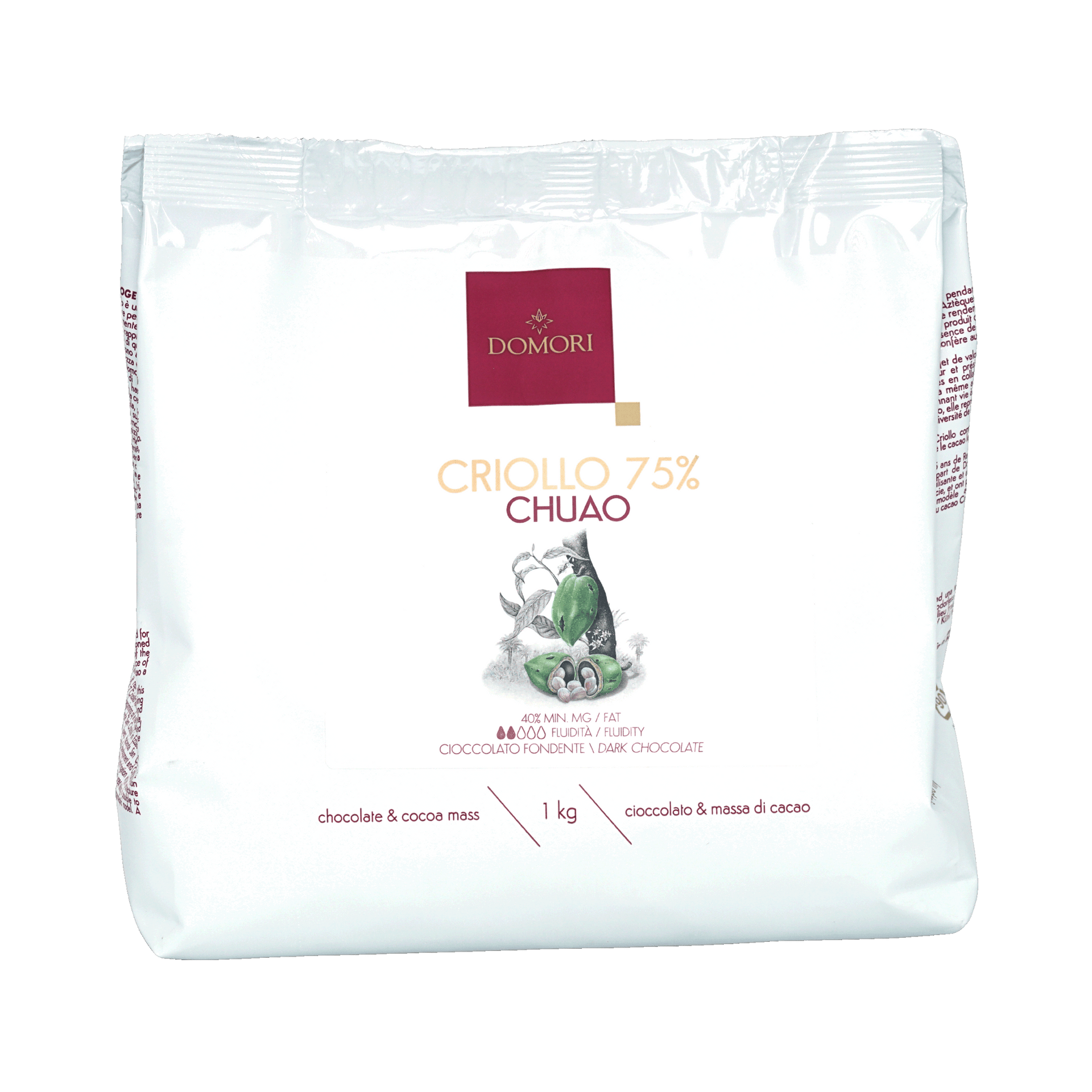 Domori Criollo 75% Chuao dark chocolate mass bag with cocoa pods, 1kg bulk drops